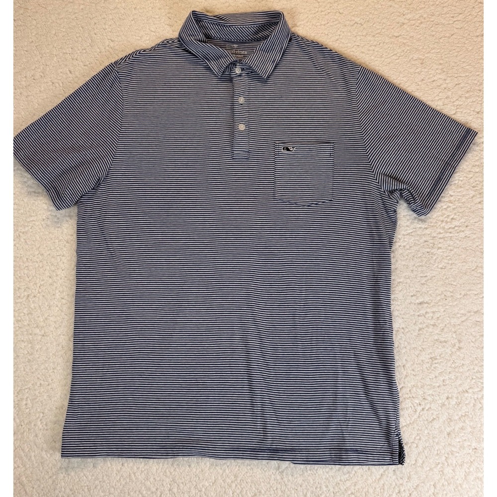 Vineyard Vines Edgartown Polo Mens Medium Navy White Striped Pima Cotton Stretch
